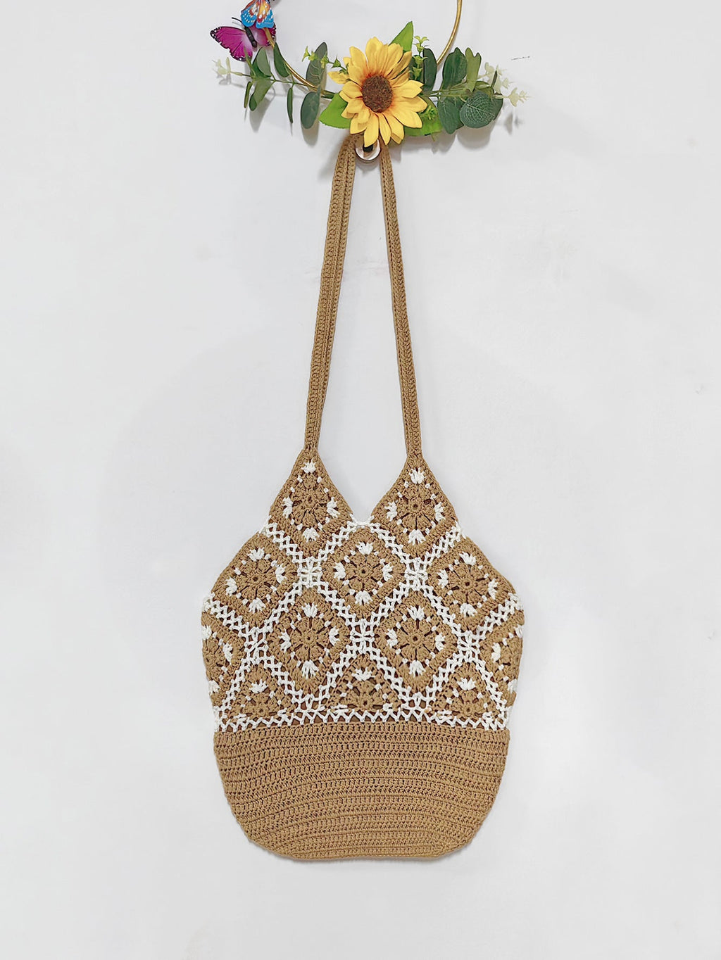 Women Granny Square Crochet Tote Bag, Boho Beach Shoulder Bag