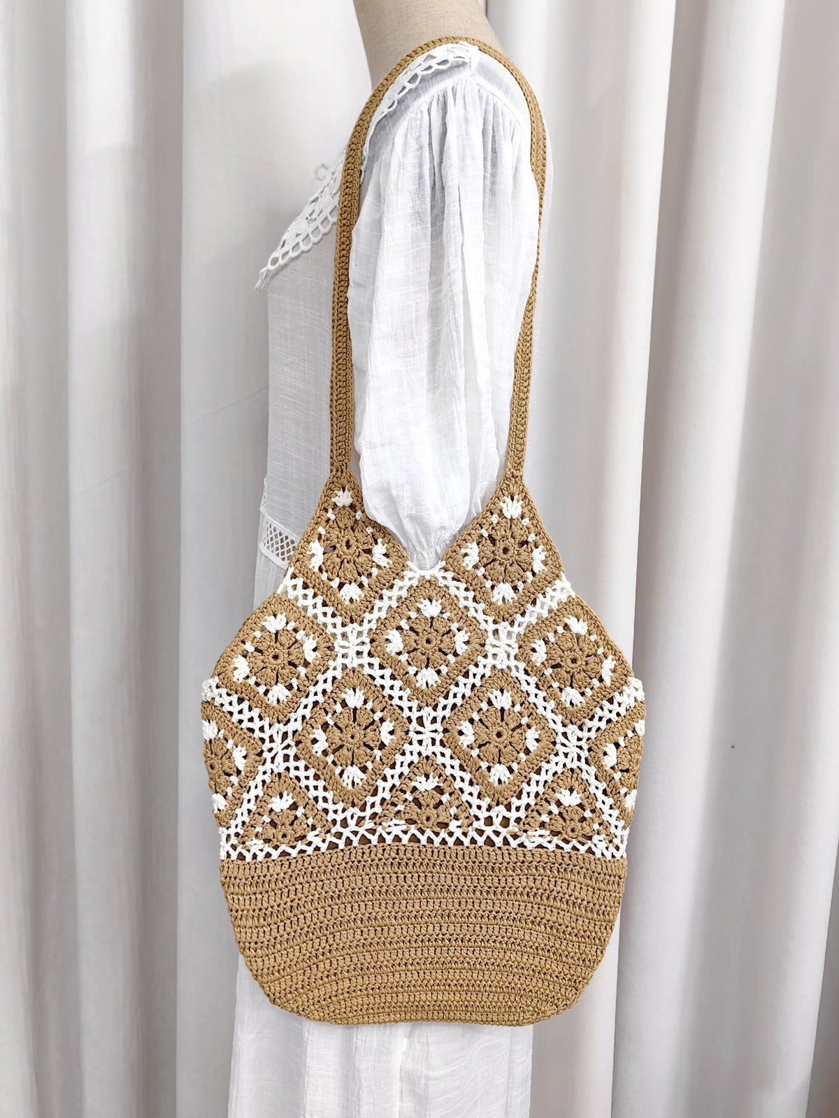 Women Granny Square Crochet Tote Bag, Boho Beach Shoulder Bag