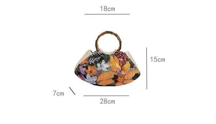 Women Linen Handbag, Floral Sequin Tote Purse