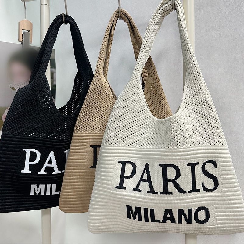 Women Knit Tote Bag, Letter Print Large Capacity Shoulder Bag