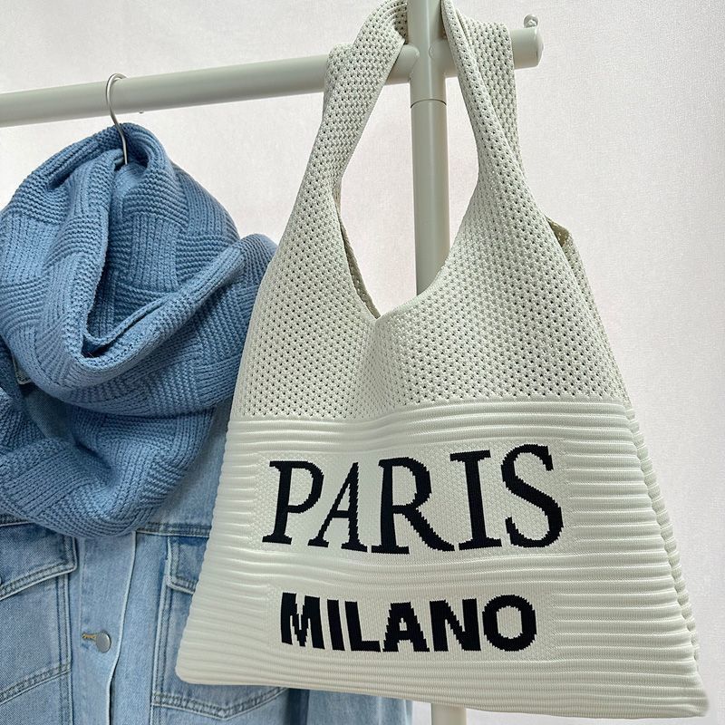 Women Knit Tote Bag, Letter Print Large Capacity Shoulder Bag