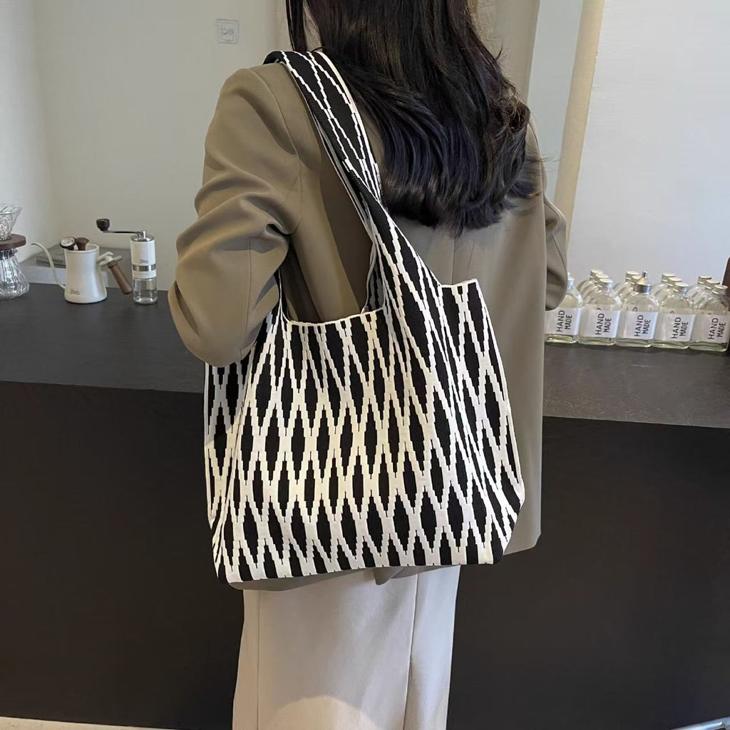 Women’s Geometric Pattern Knit Tote Bag, Large Capacity Casual Shoulder Handbag