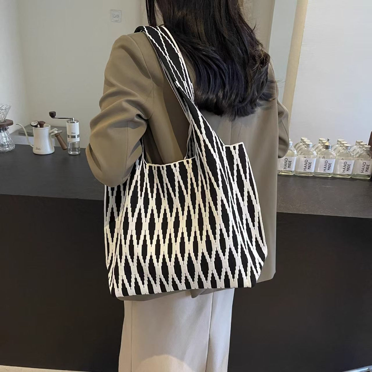 Women’s Geometric Pattern Knit Tote Bag, Large Capacity Casual Shoulder Handbag