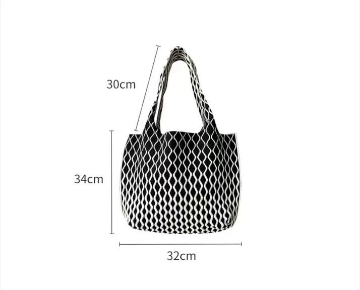 Women’s Geometric Pattern Knit Tote Bag, Large Capacity Casual Shoulder Handbag