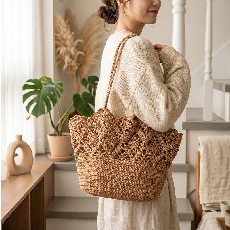 Boho Hand Crochet Pineapple Flower Straw Tote Bag, Large Summer Woven Shoulder Bag