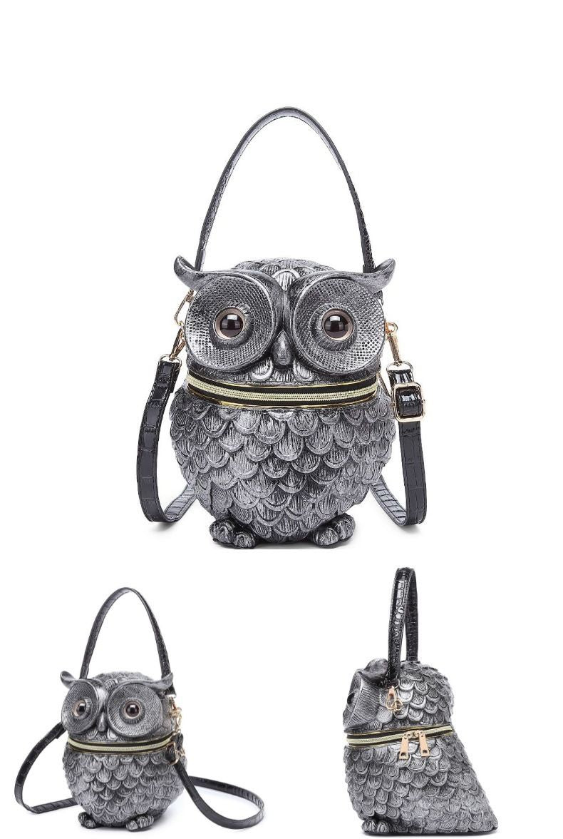 Novelty 3D Owl Crossbody Purse, Embossed Cowhide Leather Statement Handbag