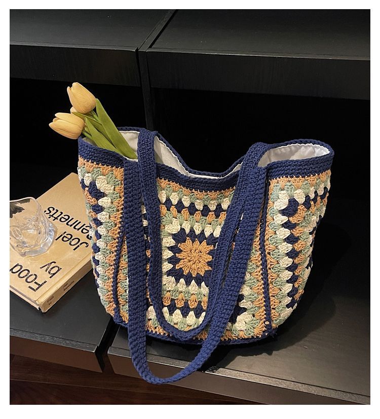Hand Crochet Geometric Pattern Tote Bag, Large Capacity Woven Cotton Shoulder Purse