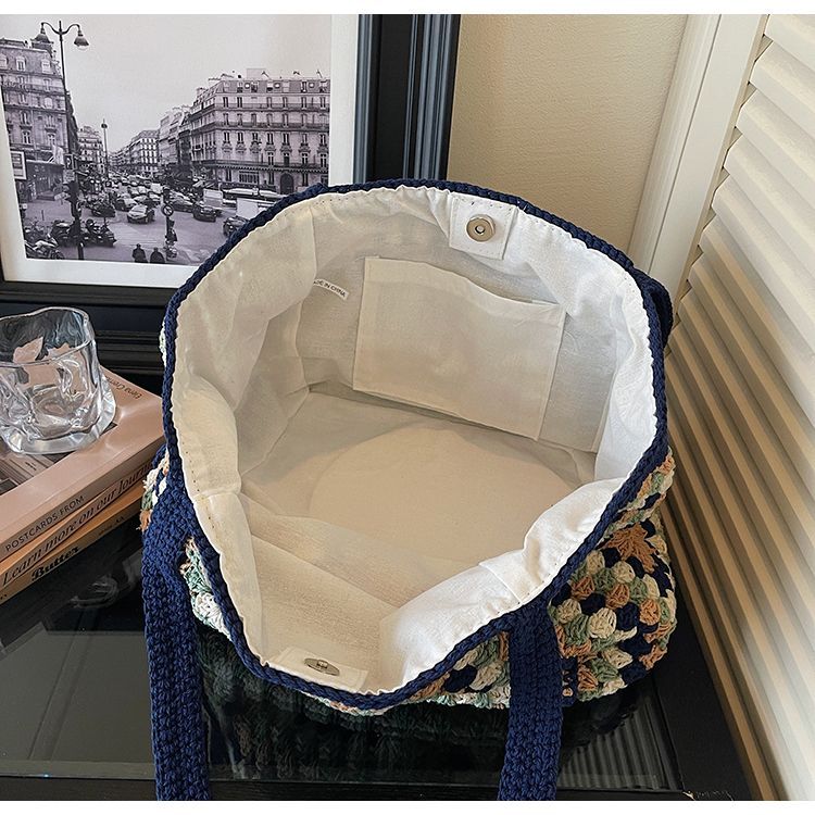 Hand Crochet Geometric Pattern Tote Bag, Large Capacity Woven Cotton Shoulder Purse
