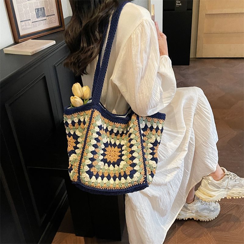 Hand Crochet Geometric Pattern Tote Bag, Large Capacity Woven Cotton Shoulder Purse
