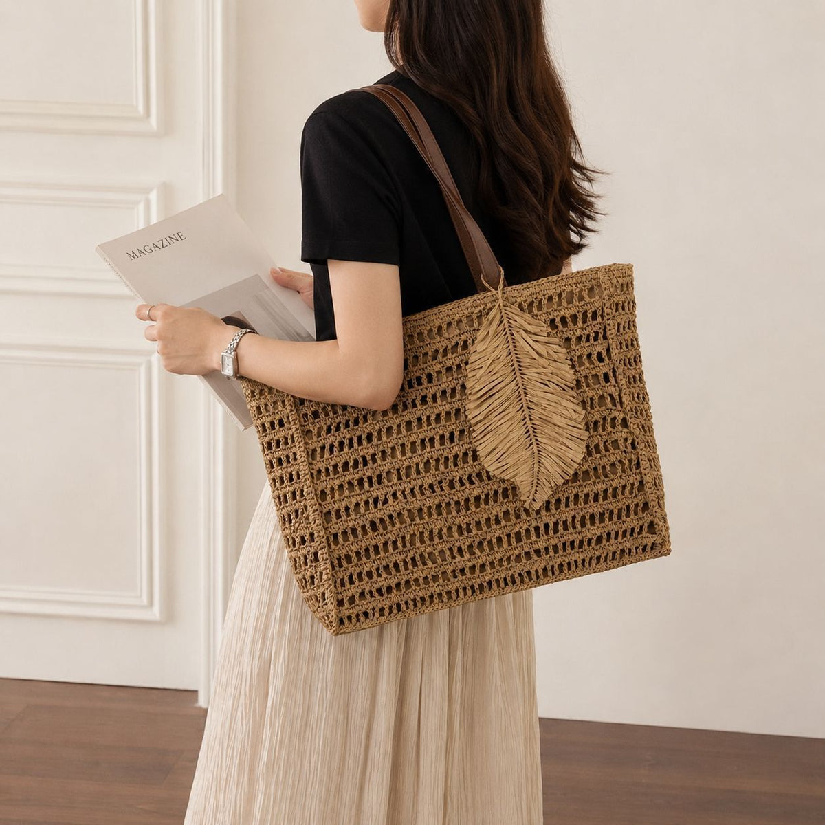Hollow Woven Paper Rope Tote Bag, Large Summer Beach Shoulder Bag with Leaf Pendant
