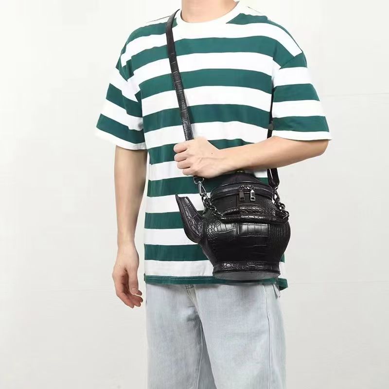 Teapot Shaped Novelty Crossbody Bag, Croc Embossed PVC 3D Fun Handbag with Chain Handle