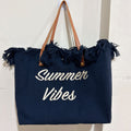 Summer Vibes Embroidered Fringe Tote Bag, Large Canvas Beach Shoulder Handbag
