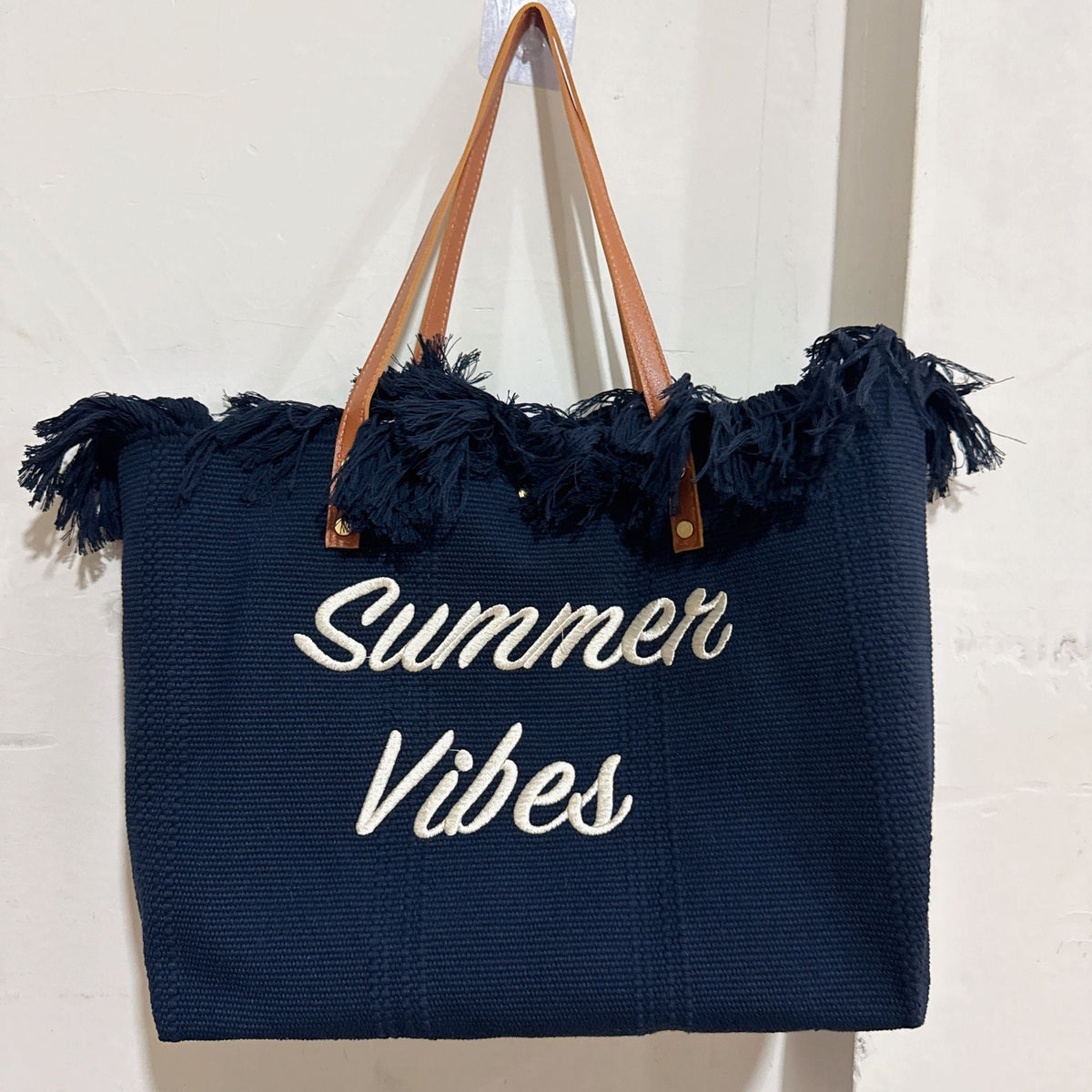 Summer Vibes Embroidered Fringe Tote Bag, Large Canvas Beach Shoulder Handbag