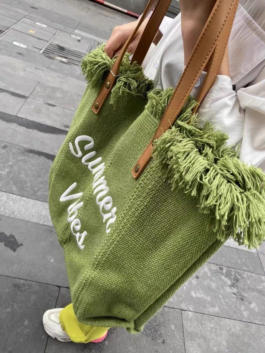 Summer Vibes Embroidered Fringe Tote Bag, Large Canvas Beach Shoulder Handbag